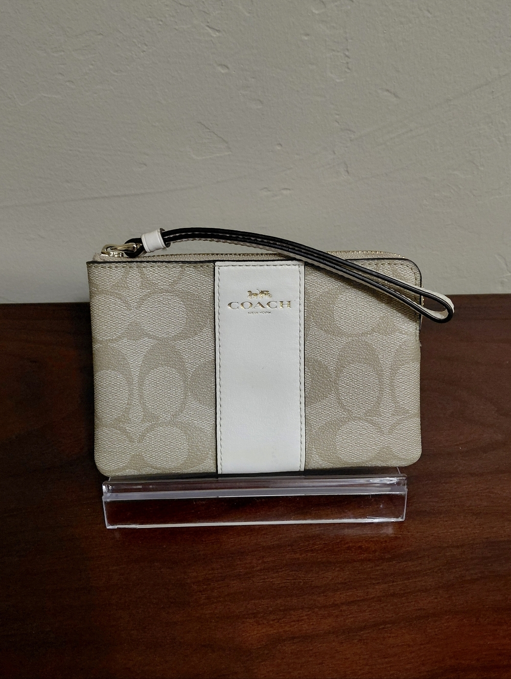 Coach Corner Zip Wristlet in Signature Canvas With Stripe Detail